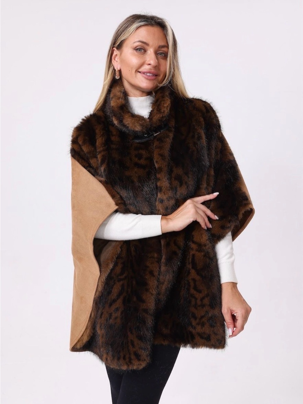 Leopard-Print Faux Fur Wrap Cape in Brown